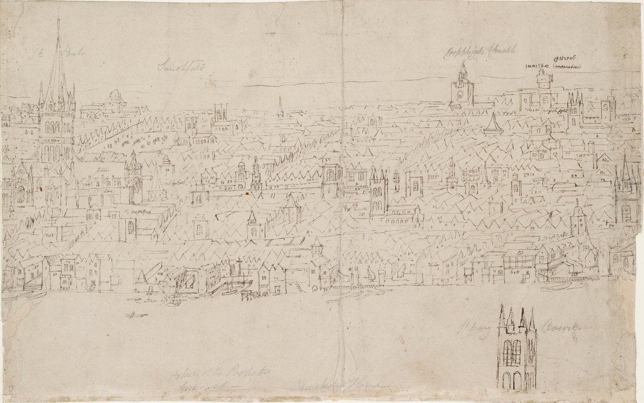 Panorama de Londres vu de Southwark : Cathédrale Saint-Paul, 1554 - Anthonis van den Wyngaerde