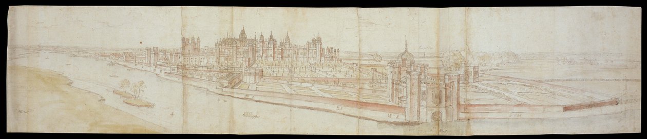 Vue du palais de Hampton Court depuis le sud, avec la rivière au premier plan, 1558 - Anthonis van den Wyngaerde