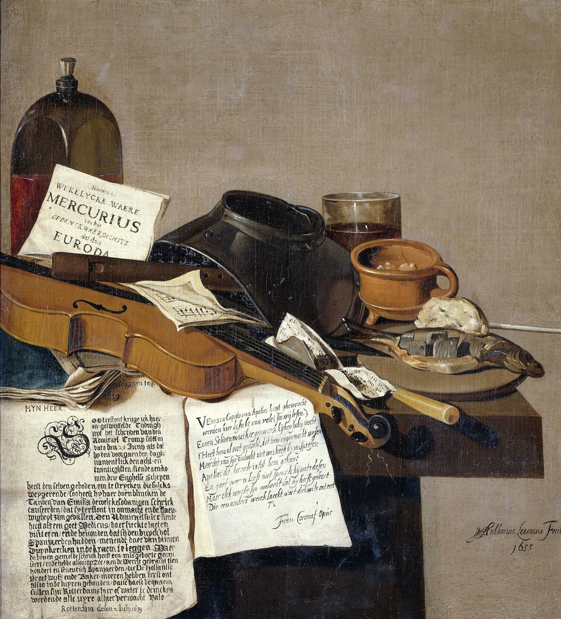 Nature morte avec une copie de De Waere Mercurius, une feuille volante avec les nouvelles de la victoire de Tromp sur trois navires anglais le 28 juin 1639, et un poème racontant l