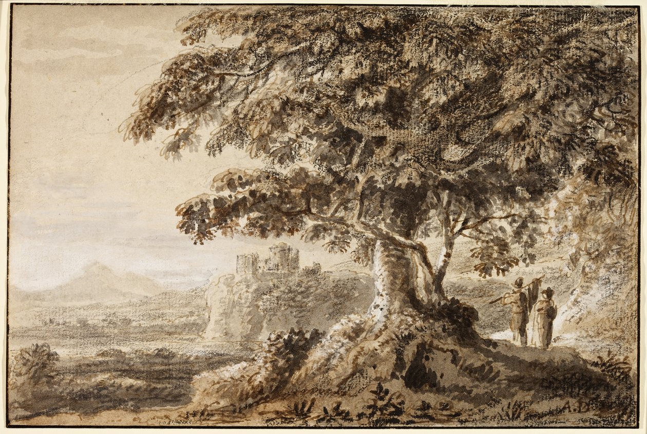 Paysage - premier plan rocheux et deux figures - Anthony Devis