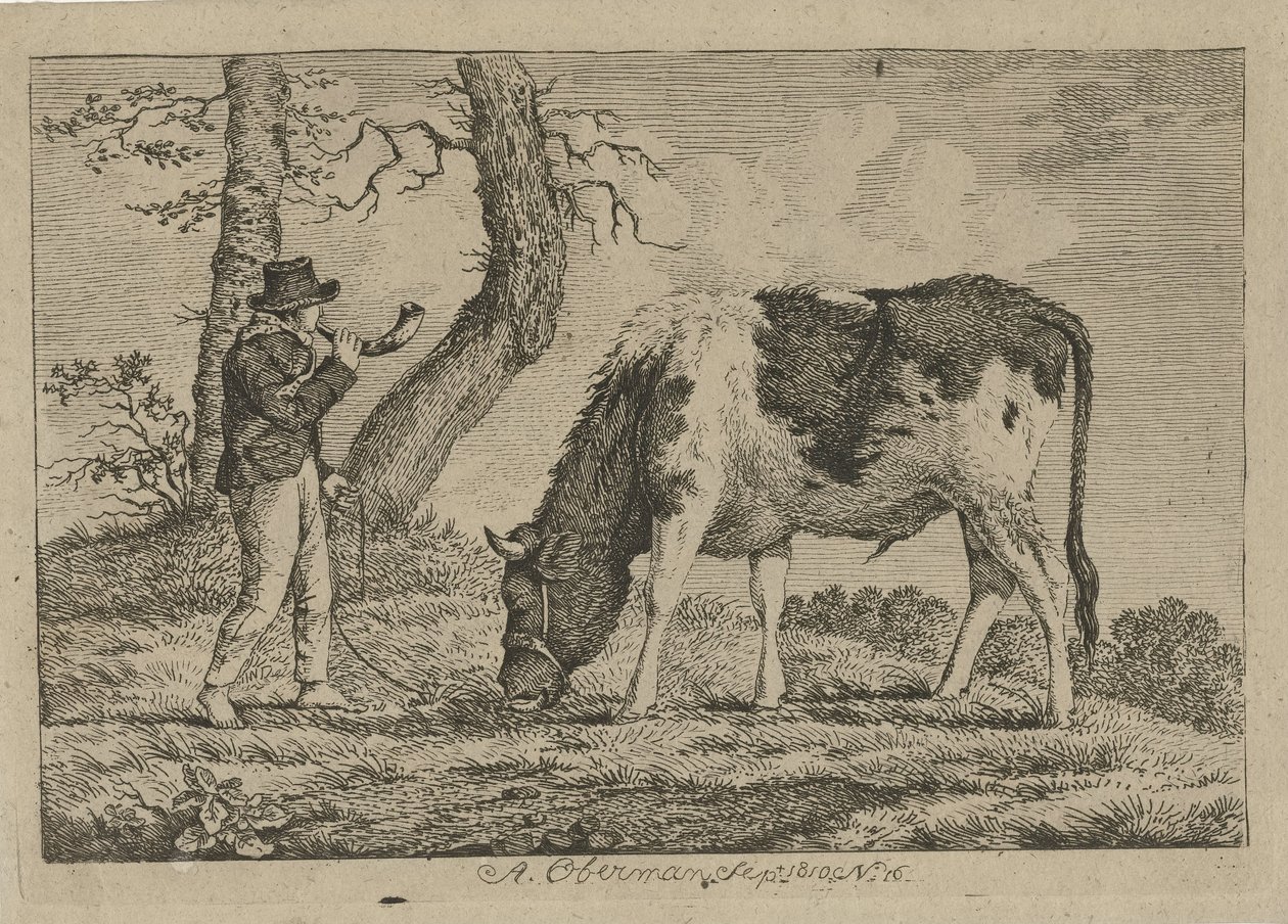 Berger avec une vache (Études de vaches, moutons et chèvres) - Anthony Oberman