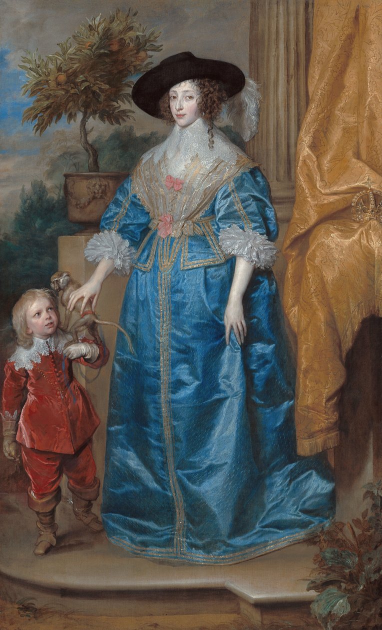 French : Portrait de la reine Henrietta Maria, avec le nain Sir Jeffrey Hudson Queen Henrietta Maria with Sir Jeffrey Hudson - Anthony van Dyck