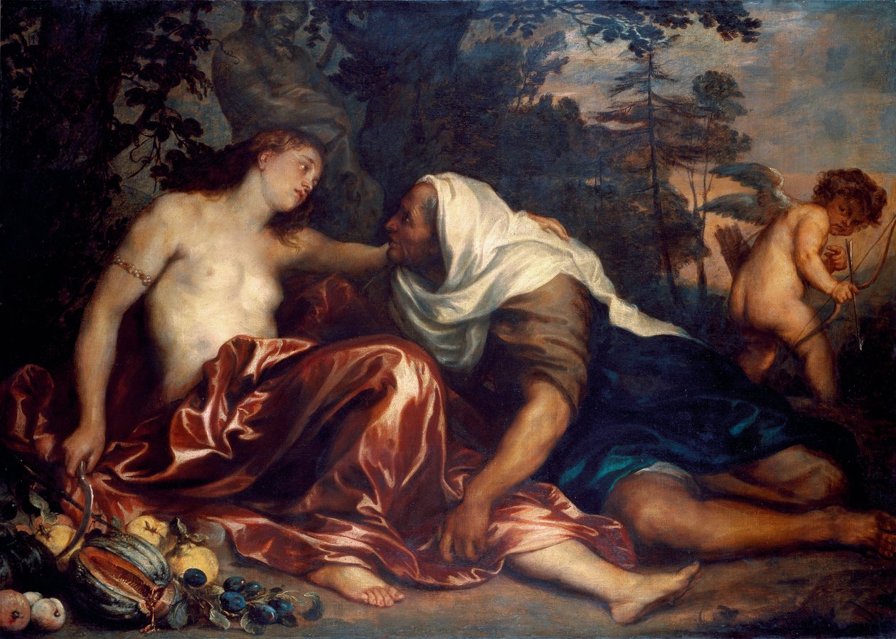 Vertumne et Pomone (Jupiter et Cérès) : Vertumne, amoureux de la nymphe Pomone, se déguise en vieille femme pour l