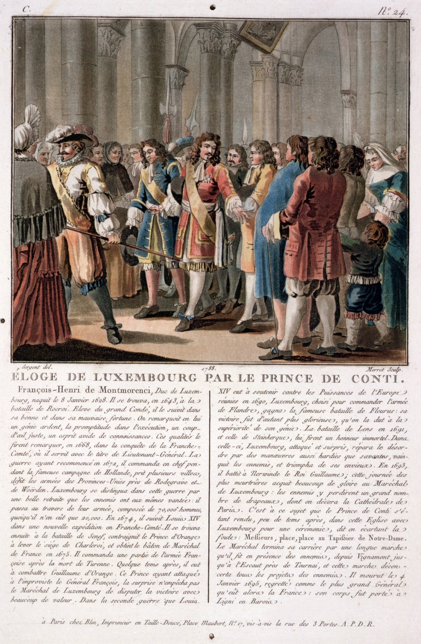 Le Prince de Conti (1664-1709) loue le Duc de Luxembourg (1628-95) après sa victoire à la bataille de Neerwinden (1693), gravé par Jean Baptiste Morret, 1788 (gravure en couleur) - Antoine Louis Francois Sergent Marceau