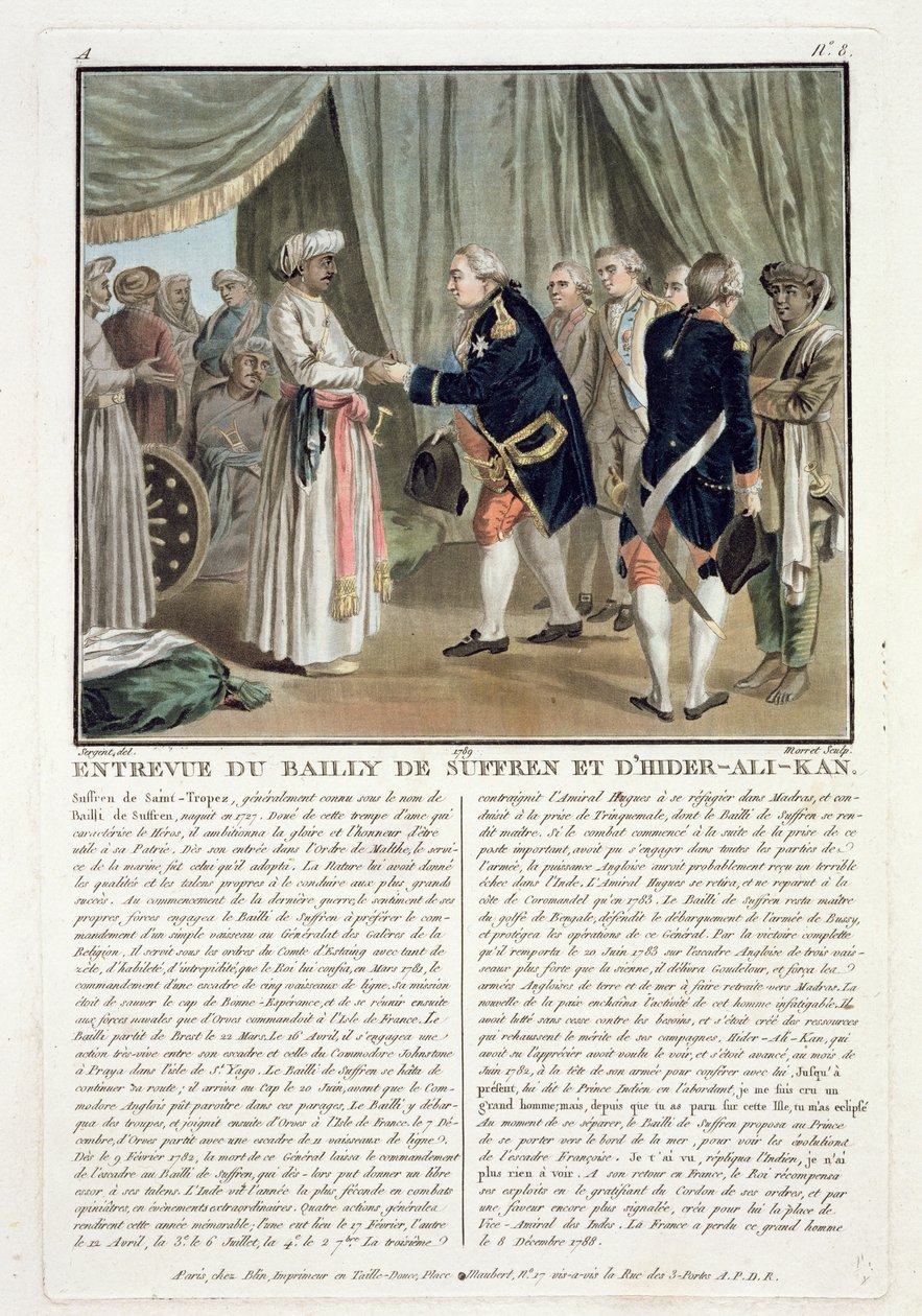 Rencontre de Pierre André de Suffren de Saint Tropez et Haider Ali, 1782, gravé par Jean Baptiste Morret, 1789 - Antoine Louis Francois Sergent Marceau