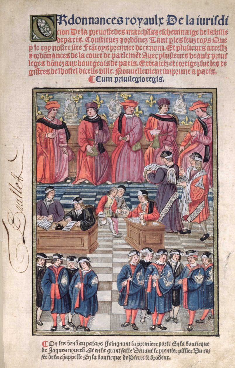 Prévôt des marchands et échevins de Paris, scène de collecte des impôts, page de titre de 