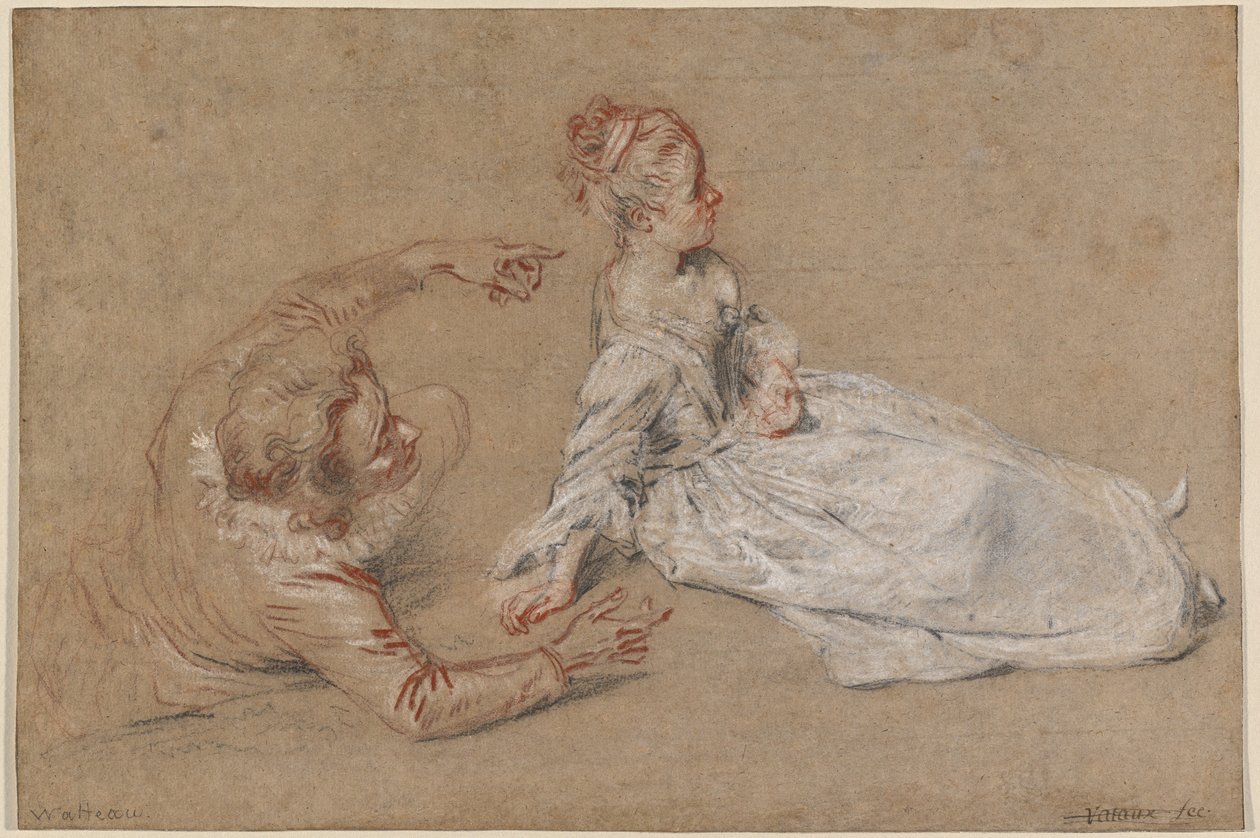 Un homme allongé et une femme assise par terre - Jean Antoine Watteau