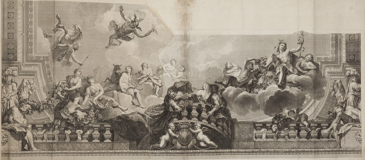 Conception du panneau central du plafond de la Grande Galerie du Palais Royal, gravée par Nicolas Henri Tardieu - Antoine (after) Coypel