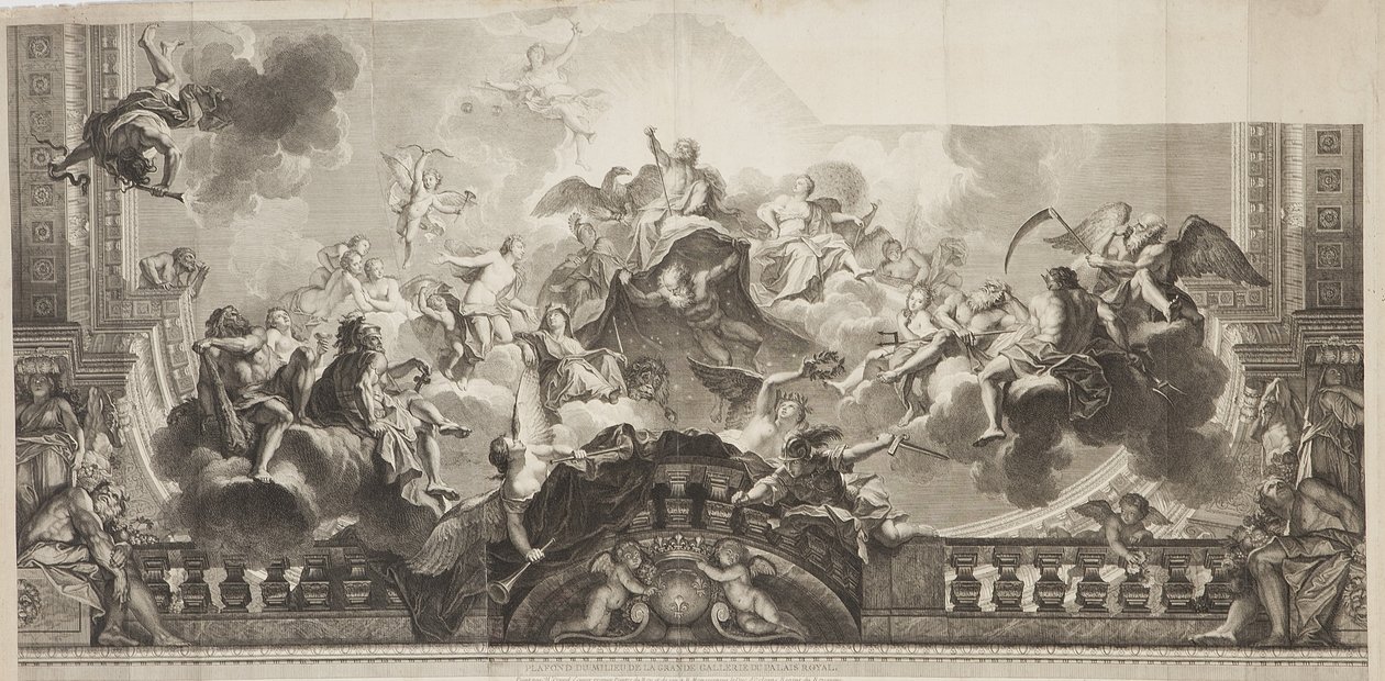 Design du panneau central du plafond de la Grande Galerie du Palais Royal, gravé par Nicolas Henri Tardieu (1674-1749) - Antoine (after) Coypel