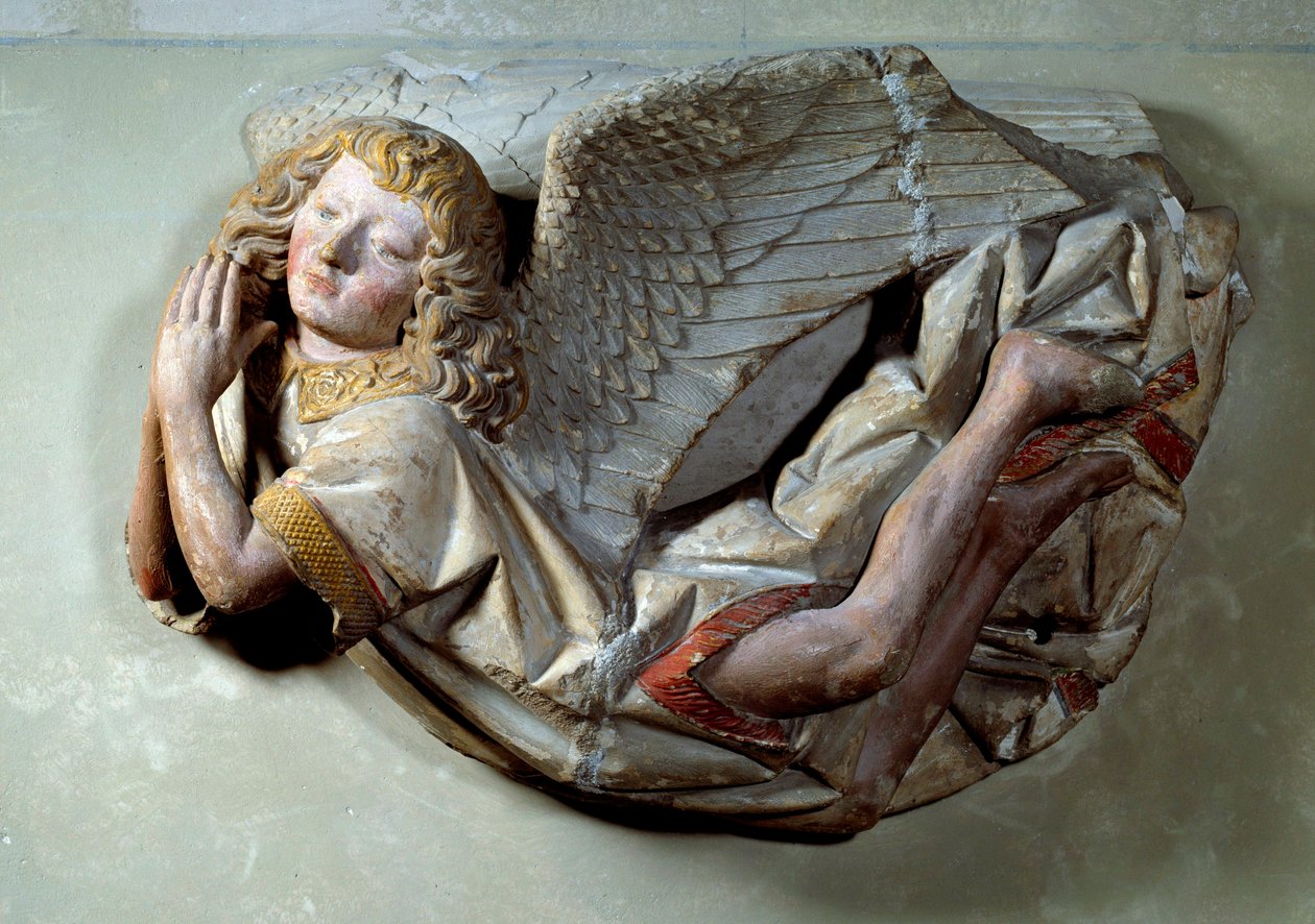 Ange volant Relief en calcaire polychrome attribué à Antoine le Moiturier (1425-1495) et destiné à « La Mise au tombeau offerte par Jaquotin Ogier et sa femme Pernette ». Chapelles des Carmes à Semur-en-Auxois. Vers 1490 - Antoine (attr. to) Le Moiturier