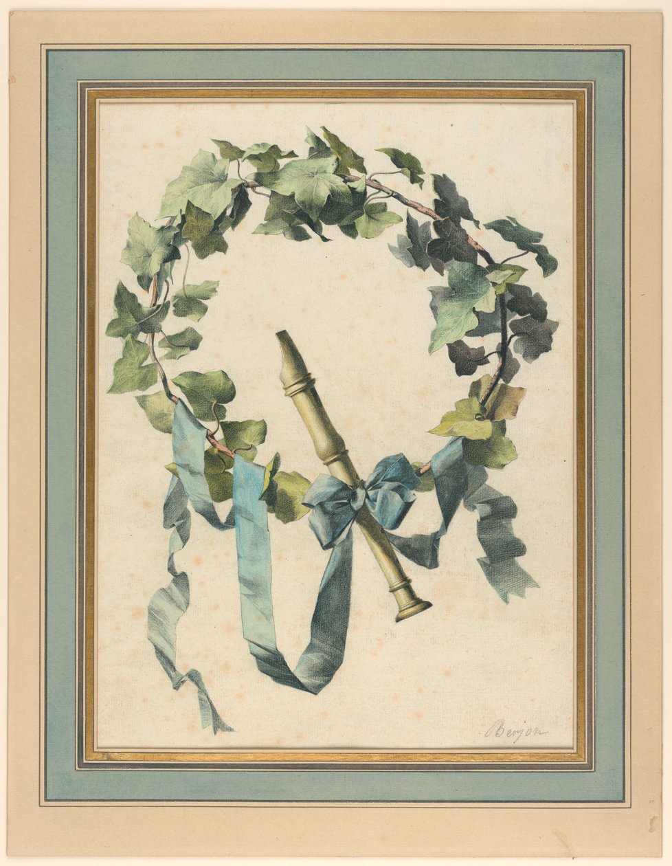Dessin, trophée avec flûte, lierre et ruban bleu, 1780-90 - Antoine Berjon