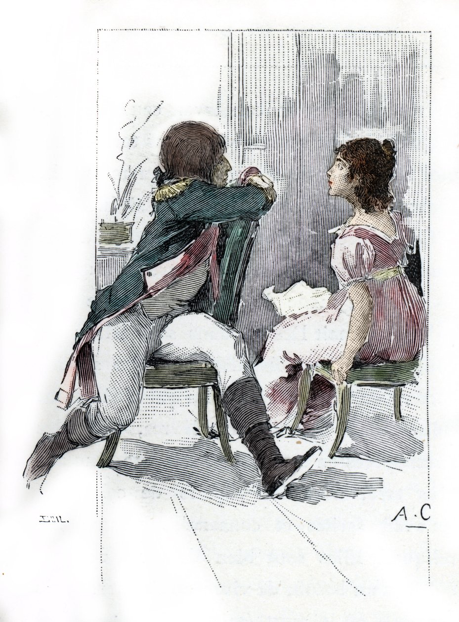 Portrait de Napoléon Bonaparte (1769-1821) avec sa fiancée Désirée Clary (1777-1860) c. avril 1795 (Portrait de Désirée Clary au moment de ses fiançailles avec Napoléon Bonaparte, avril 1795) Dessin par Antoine Calbet tiré de « Napoléon et les femmes » - Antoine Calbet