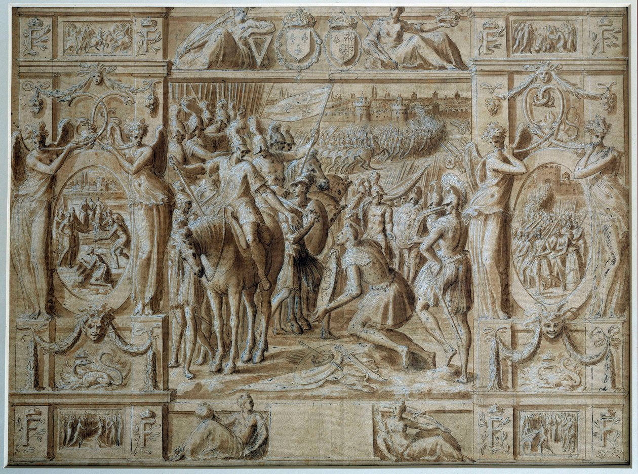 La soumission de Milan. Les troupes de François Ier prennent la ville de Milan après la victoire à la bataille de Marignan en 1515. Dessin à la plume et lavis par Antoine Caron (1521-1599) XVIe siècle Paris, Musée du Louvre - Antoine Caron