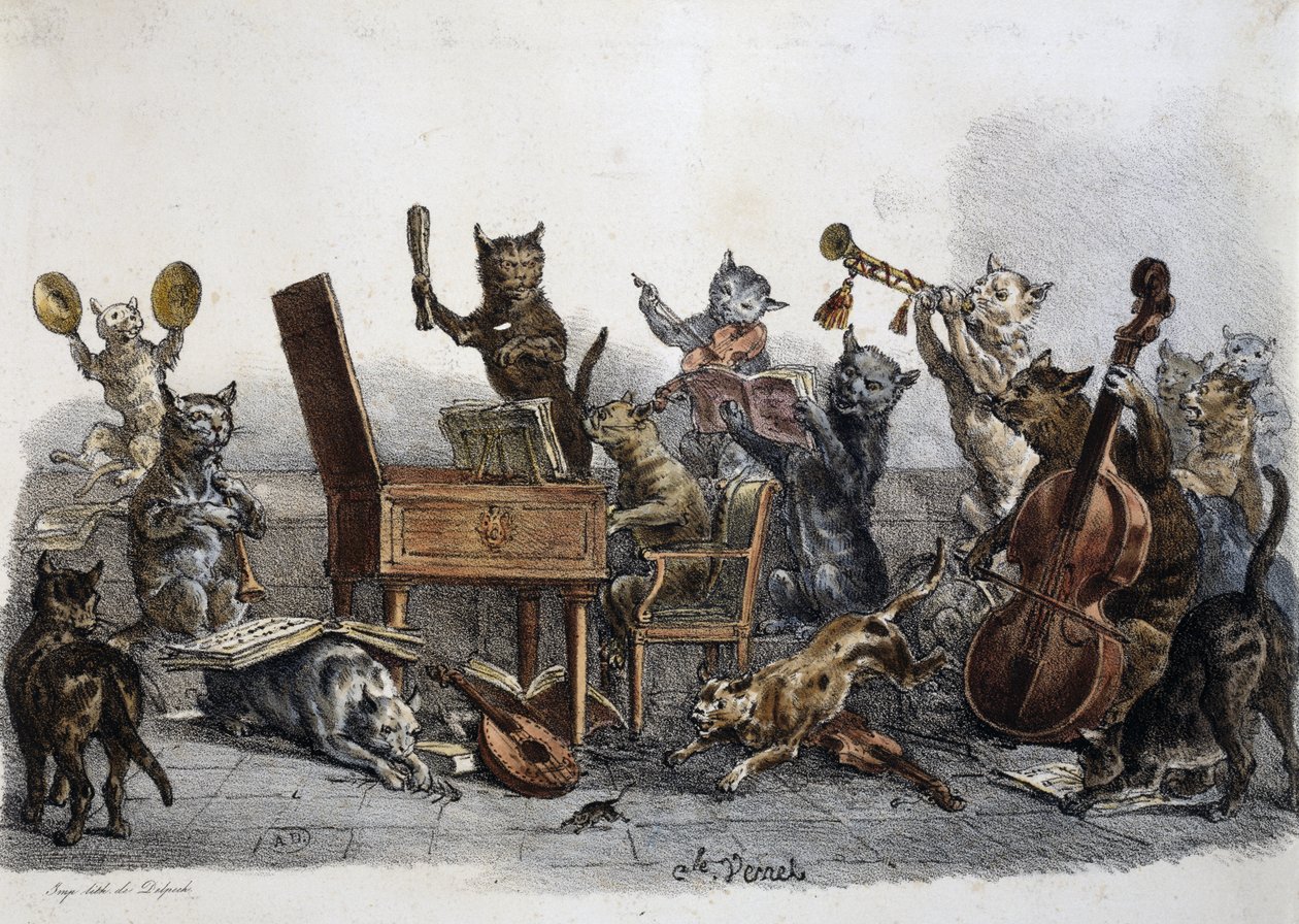 Un concert amateur, caricature de chats jouant des instruments de musique, gravure de Carle Vernet (1758-1836), France - Antoine Charles Horace Vernet