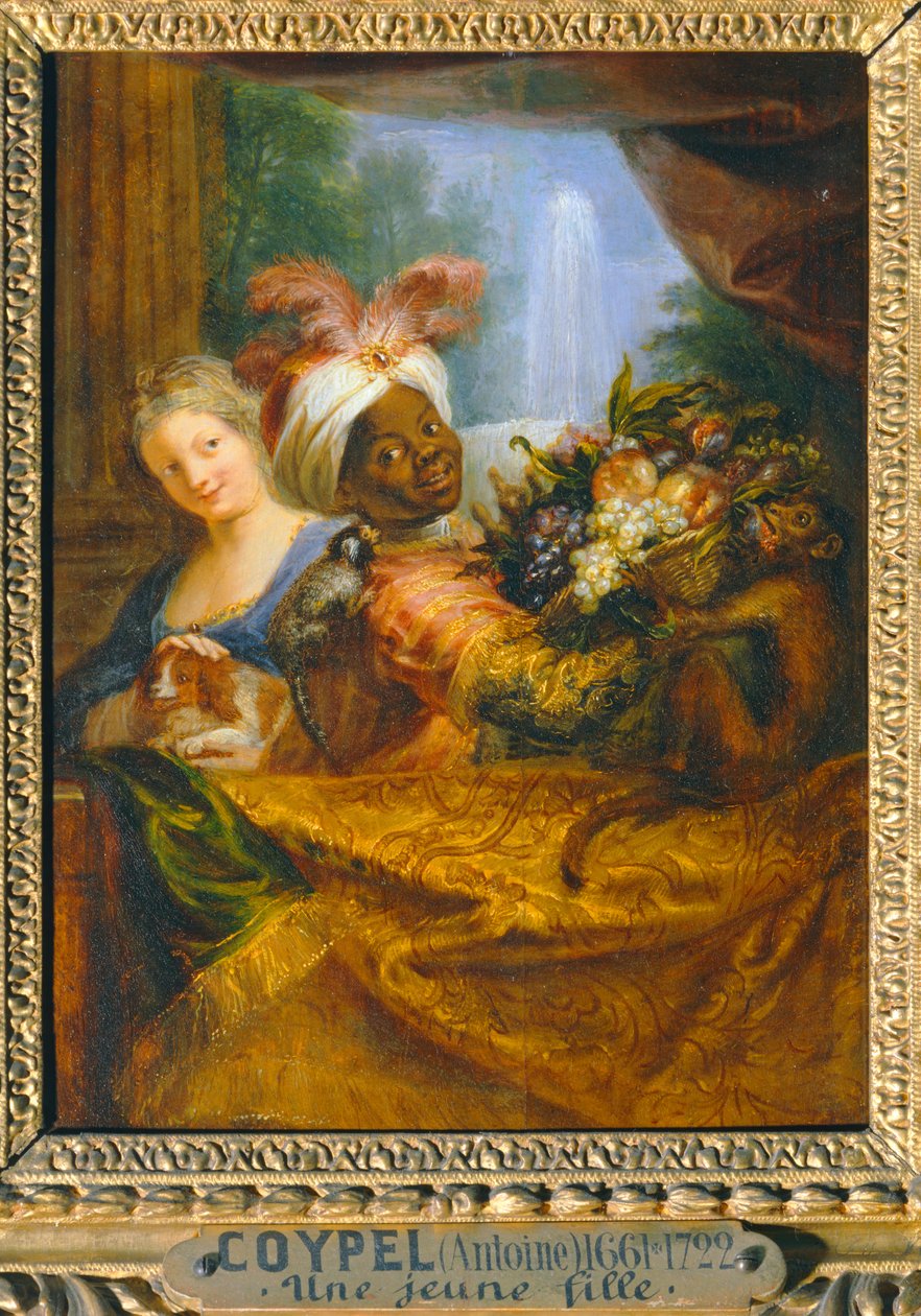 Jeune noir tenant une corbeille de fruits et jeune fille caressant un chien - Young black girl holding a fruit basket and young girl caressing a dog … - Antoine Coypel