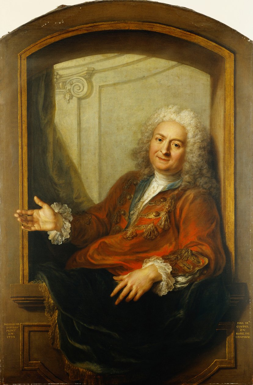 Portrait de Monsieur Dupille, mi-corps, en robe assis au bord d