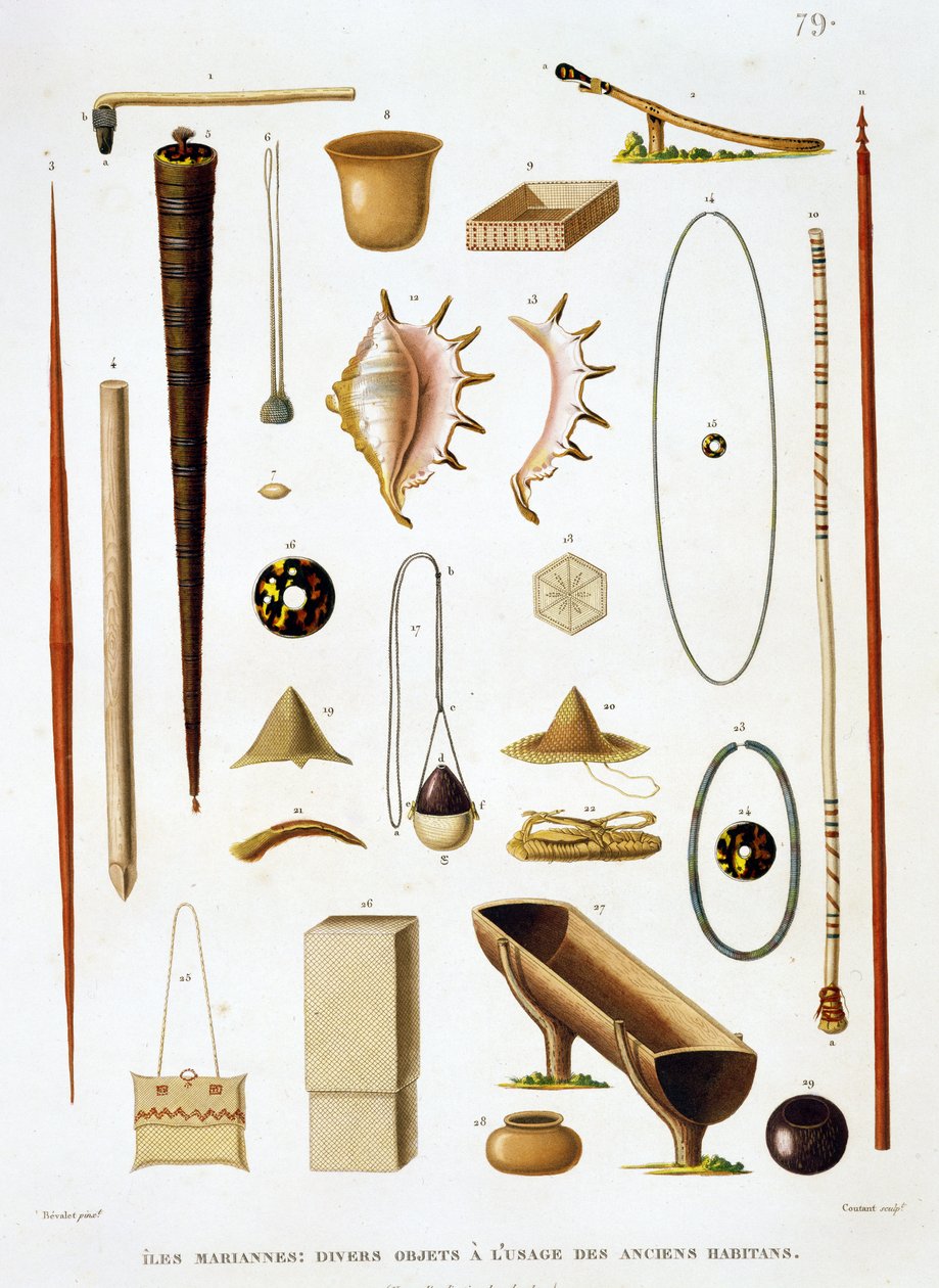 Ustensiles ménagers et armes des îles Mariannes, de Voyage autour du Monde (1817-20), par Louis Claude Desaulses de Freycinet (1779-1842) gravé par Jean Louis Denis Coutant (1776-1831), p - Antoine Germain Bevalet