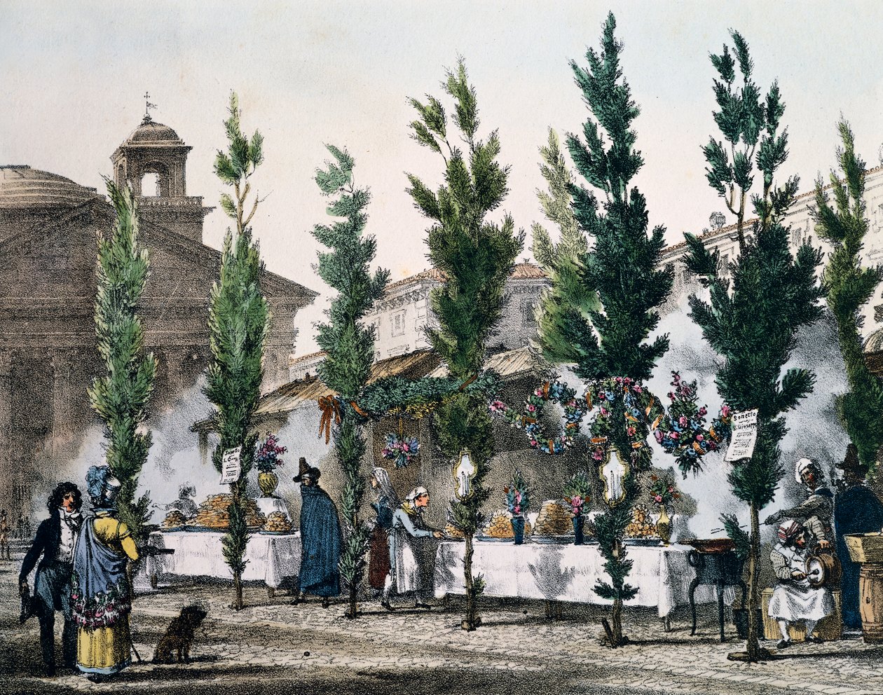Fritures de nourriture au Panthéon pendant la fête de Saint Joseph, gravure par Antoine Jean-Baptiste Thomas de Un an à Rome et dans ses environs, France - Antoine Jean Baptiste Thomas