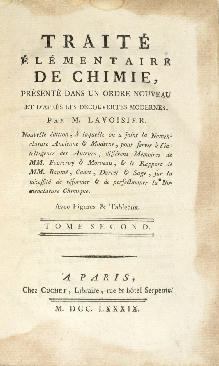 Page de titre de Traité Élémentaire de Chimie, Tome II, publié à Paris, 1789 - Antoine Laurent de Lavoisier