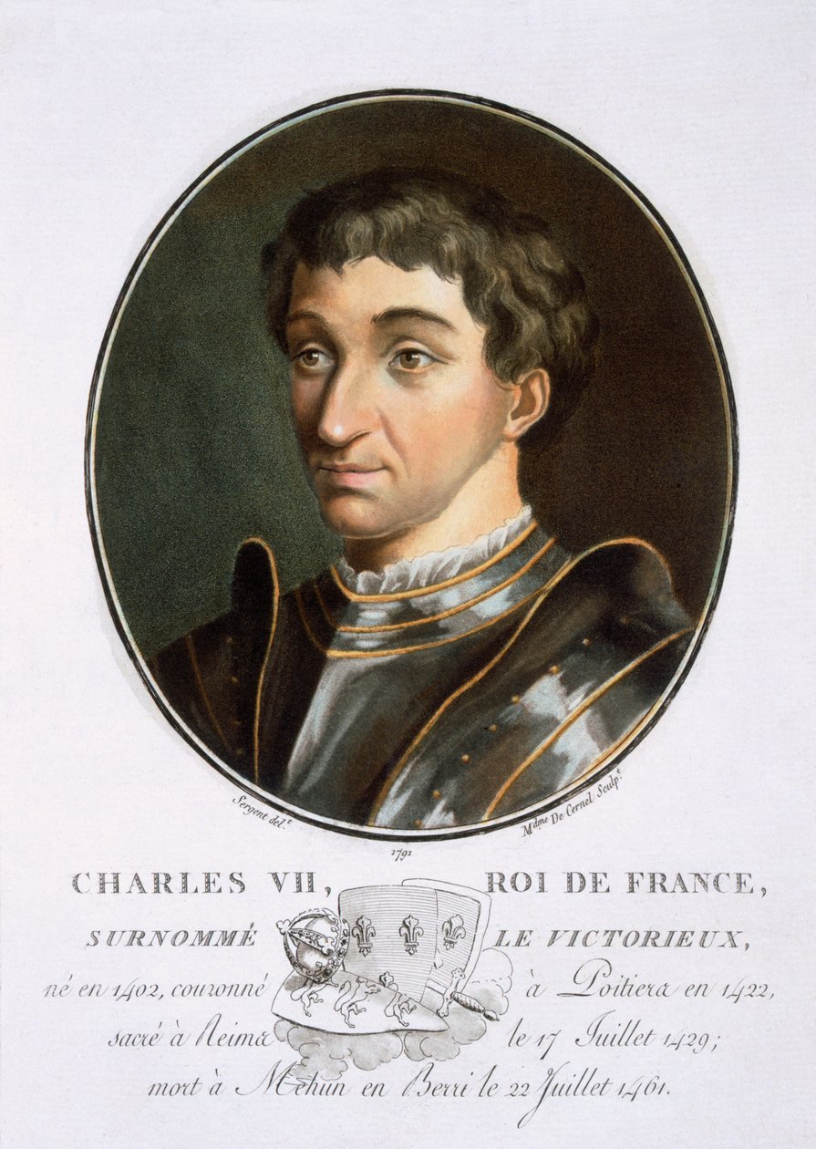 Charles VII, de Portraits des grands hommes, femmes illustres, et sujets mémorables de France, gravé et imprimé en couleurs, publié par Pierre Blin, 1786-92, Paris - Antoine Louis Francois Sergent Marceau
