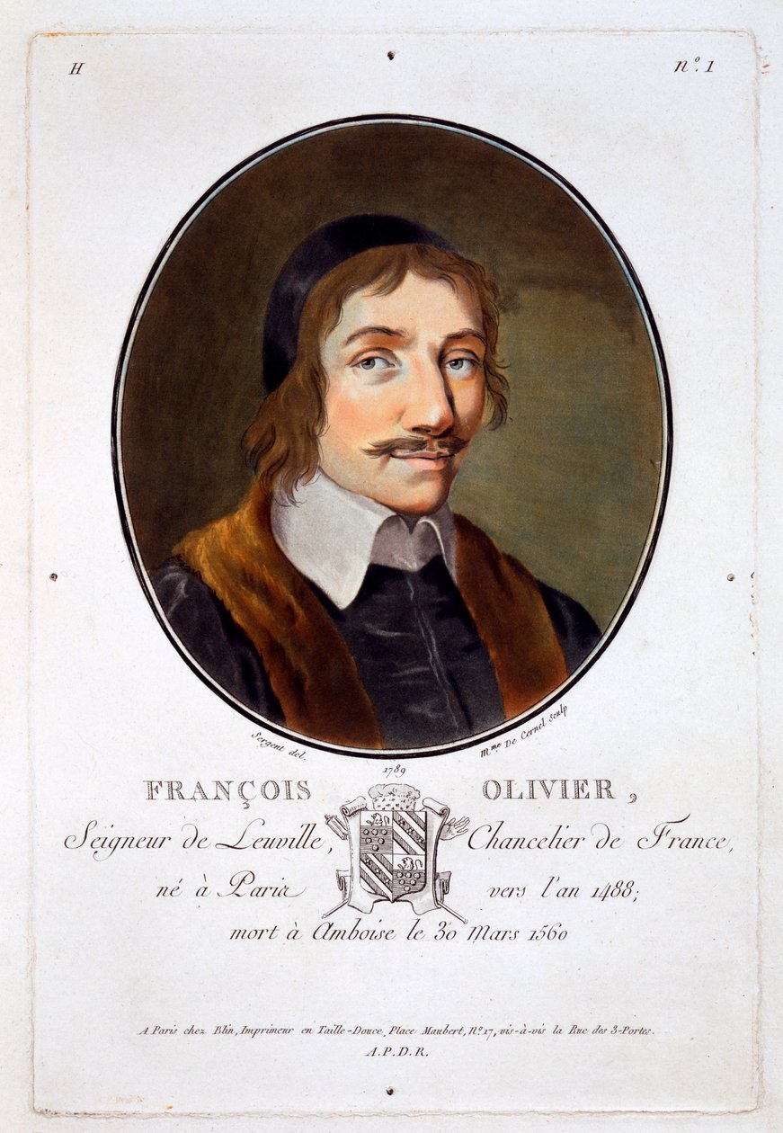 François Olivier Seigneur de Leuville, de Portraits des grands hommes, femmes illustres, et sujets mémorables de France, gravé et imprimé en couleurs, publié par Pierre Blin, 1786-92, Paris (gravure en couleur) - Antoine Louis Francois Sergent Marceau