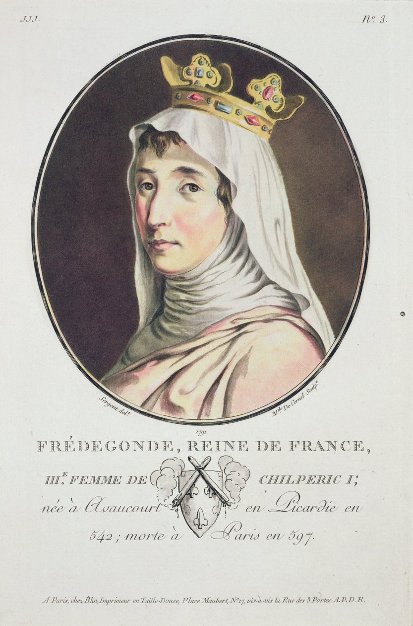Frédégonde, Reine des Francs, de Portraits des Grands Hommes, femmes illustres, et sujets mémorables de France, gravé et imprimé en couleurs, publié par Pierre Blin, 1786-92, Paris - Antoine Louis Francois Sergent Marceau