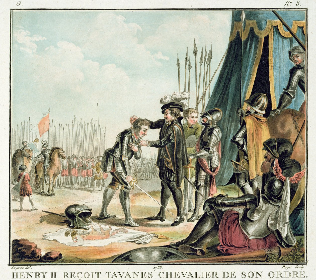 Henri II (1519-59) reçoit Jean de Tavanes comme chevalier dans son ordre, gravé par Roger, 1788 - Antoine Louis Francois Sergent Marceau