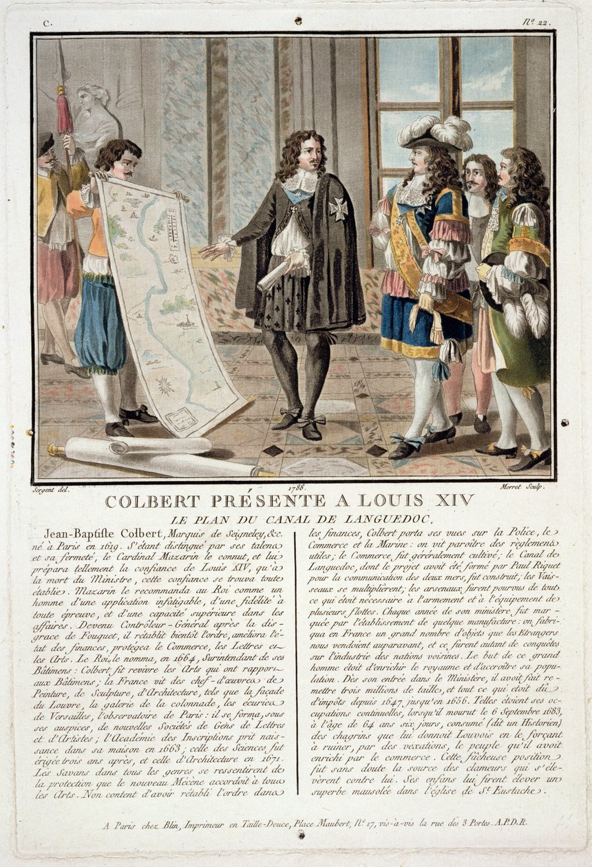 Jean Baptiste Colbert (1619-83) présente la carte du Canal du Languedoc à Louis XIV, gravé par Jean Baptiste Morret, 1788 - Antoine Louis Francois Sergent Marceau