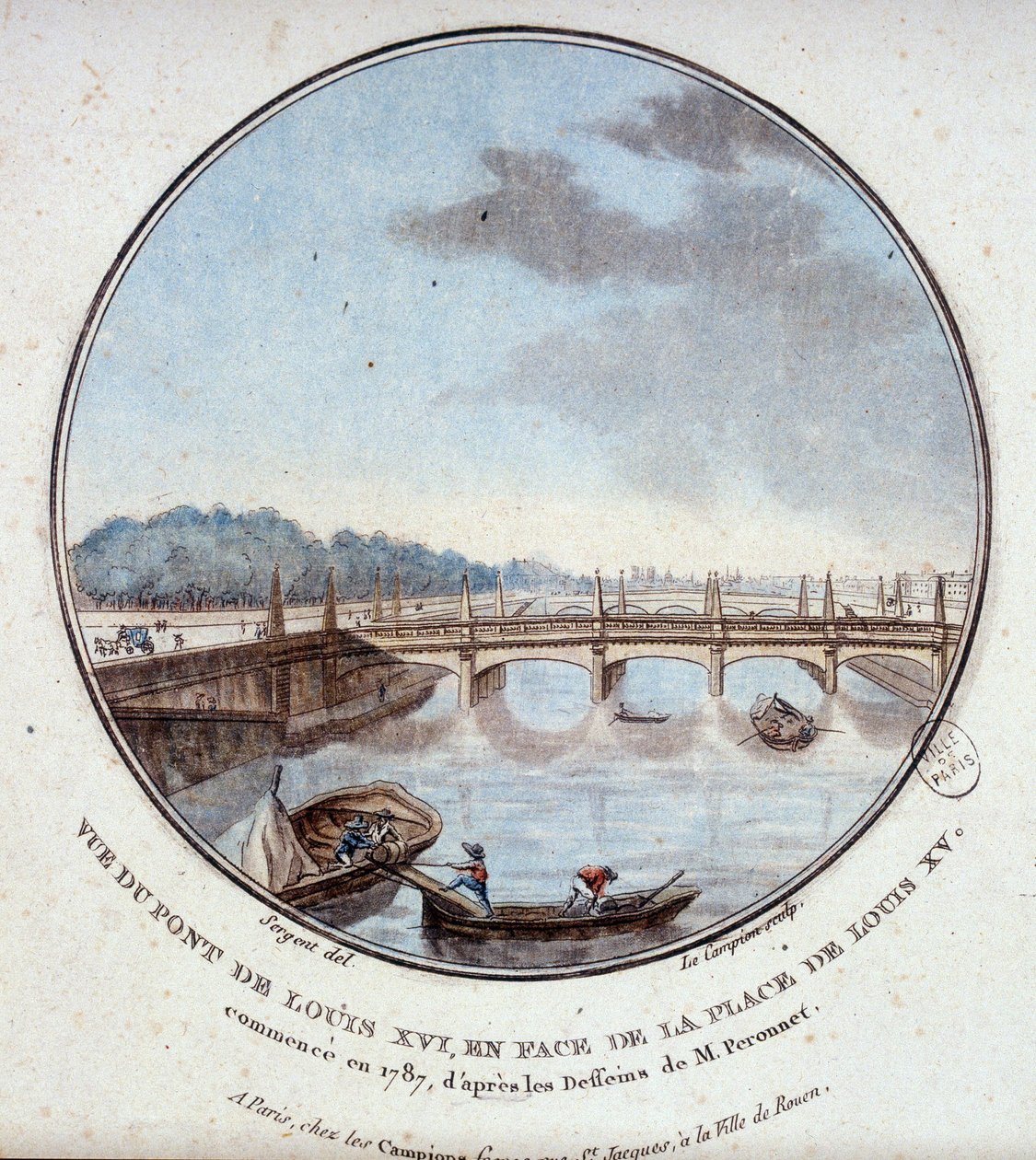 Vue du pont de Louis XVI, en face de la place de Louis XV, commencé en 1787 selon les dessins de M. Peronnet. Dans vues pittoresques des principaux bâtiments de Paris par Sergeant - Antoine Louis Francois Sergent Marceau