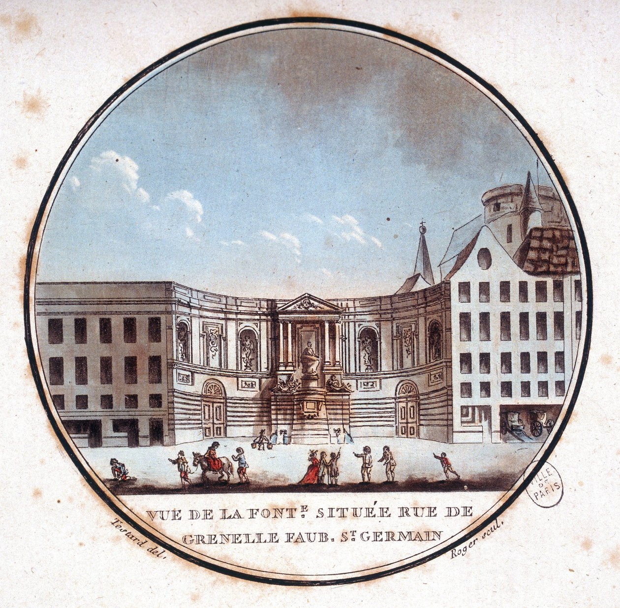Vue de la fontaine située rue de Grenelle Faubourg Saint Germain, actuelle fontaine de Grenelle. Dans les vues pittoresques des principaux bâtiments de Paris par Sergeant - Antoine Louis Francois Sergent Marceau