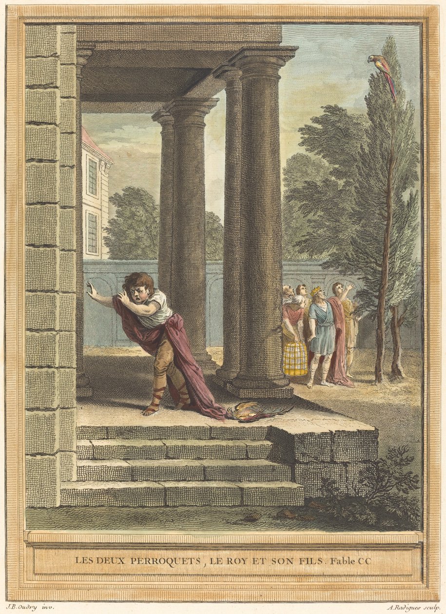 Les deux perroquets, le roi et son fils - Antoine Radigues after Jean Baptiste Oudry
