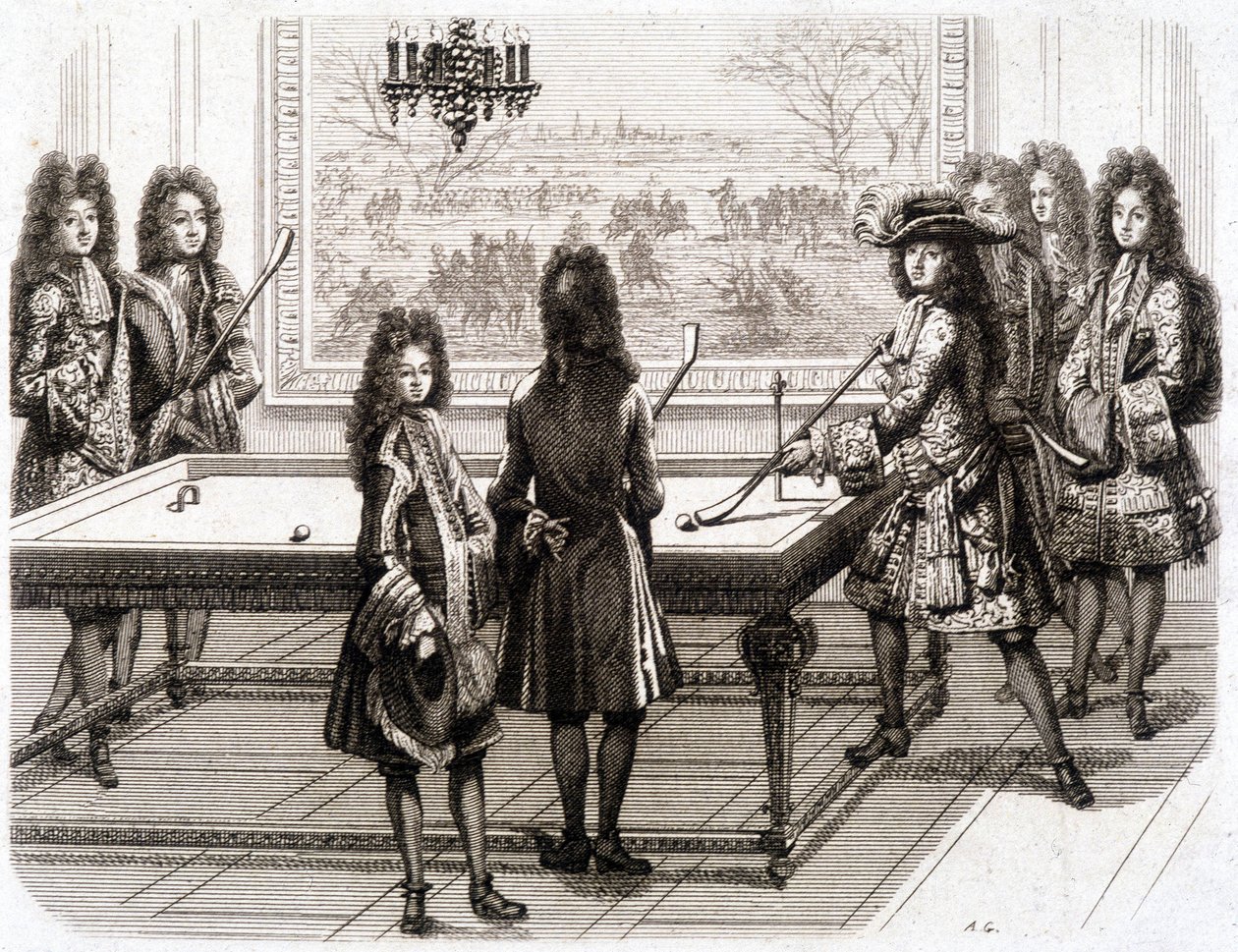 Louis XIV jouant au billard (avec Monsieur (frère du roi), Duc de Vendôme, Comte de Toulouse, Chamillart, le Roi, M. d