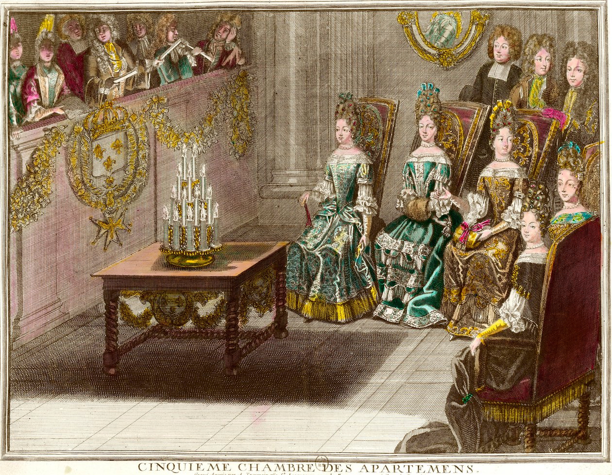 Séance de musique dans la cinquième chambre des appartements de la famille de Louis XIV (1638-1715) lors des soirées d