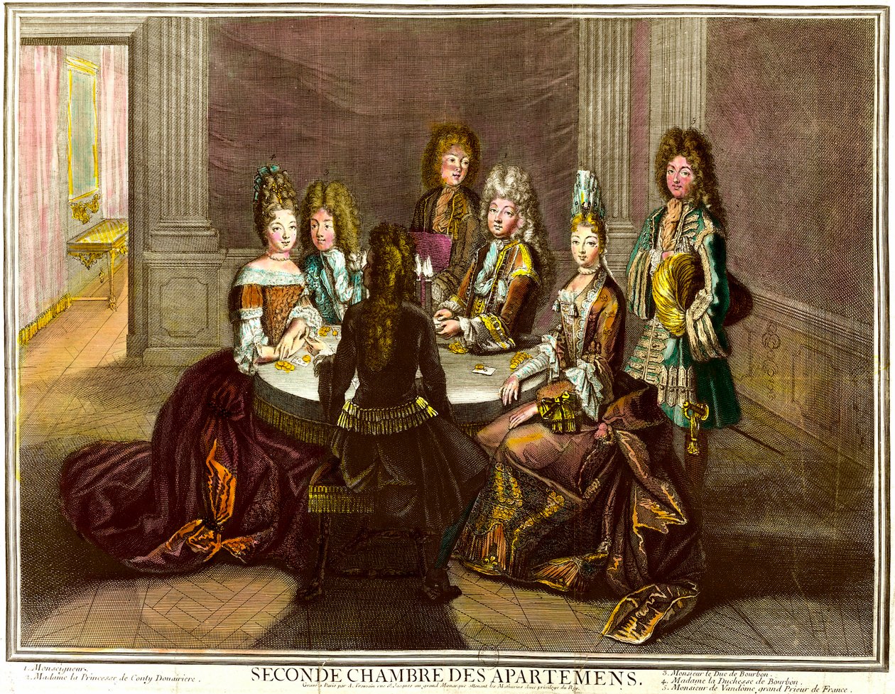 La cour jouant aux cartes dans la deuxième chambre des appartements de Louis XIV. Gravure par Antoine Trouvain (1656-1708) - Antoine Trouvain