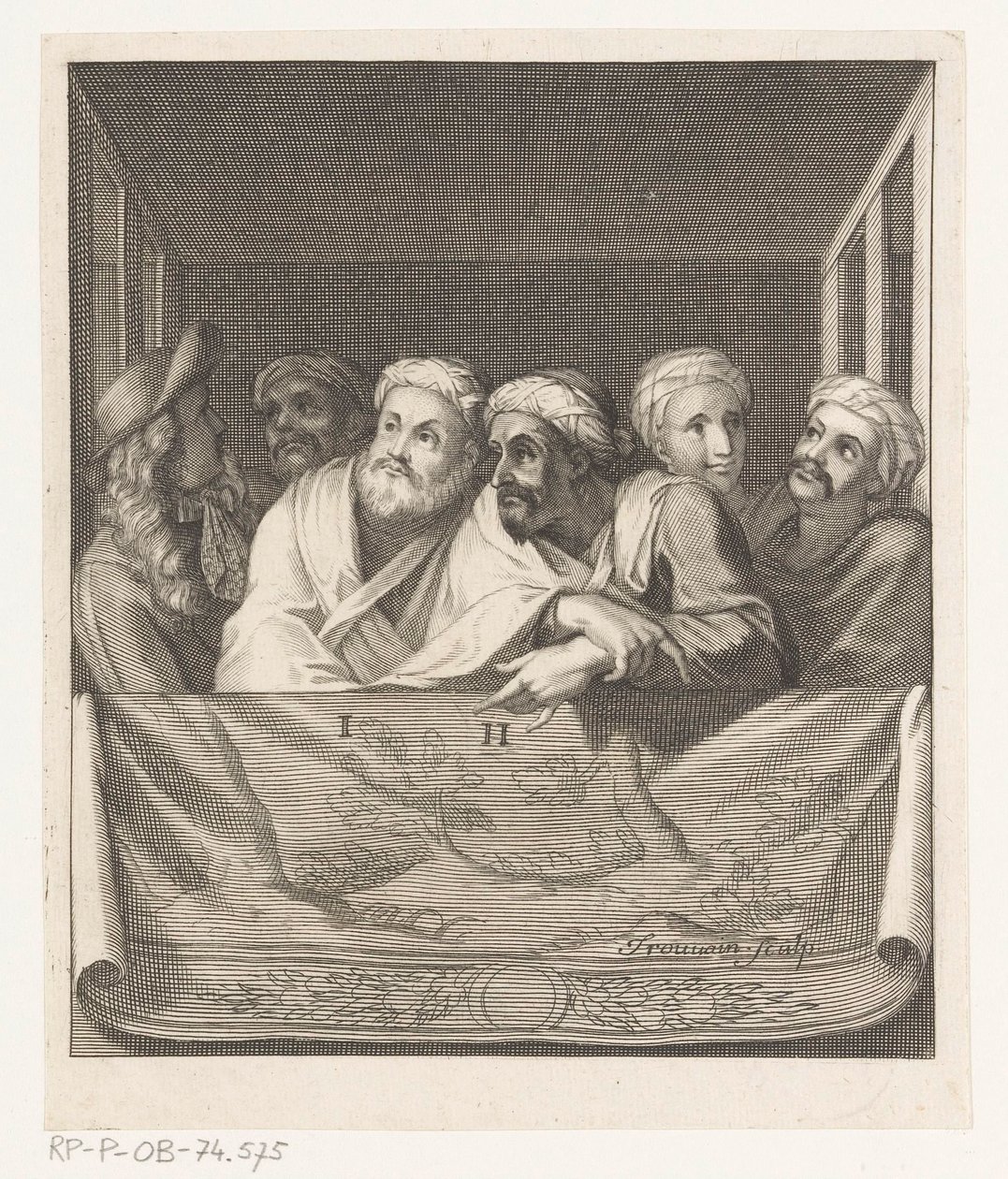 Cinq hommes avec turban et un avec chapeau dans une loge derrière une balustrade - Antoine Trouvain