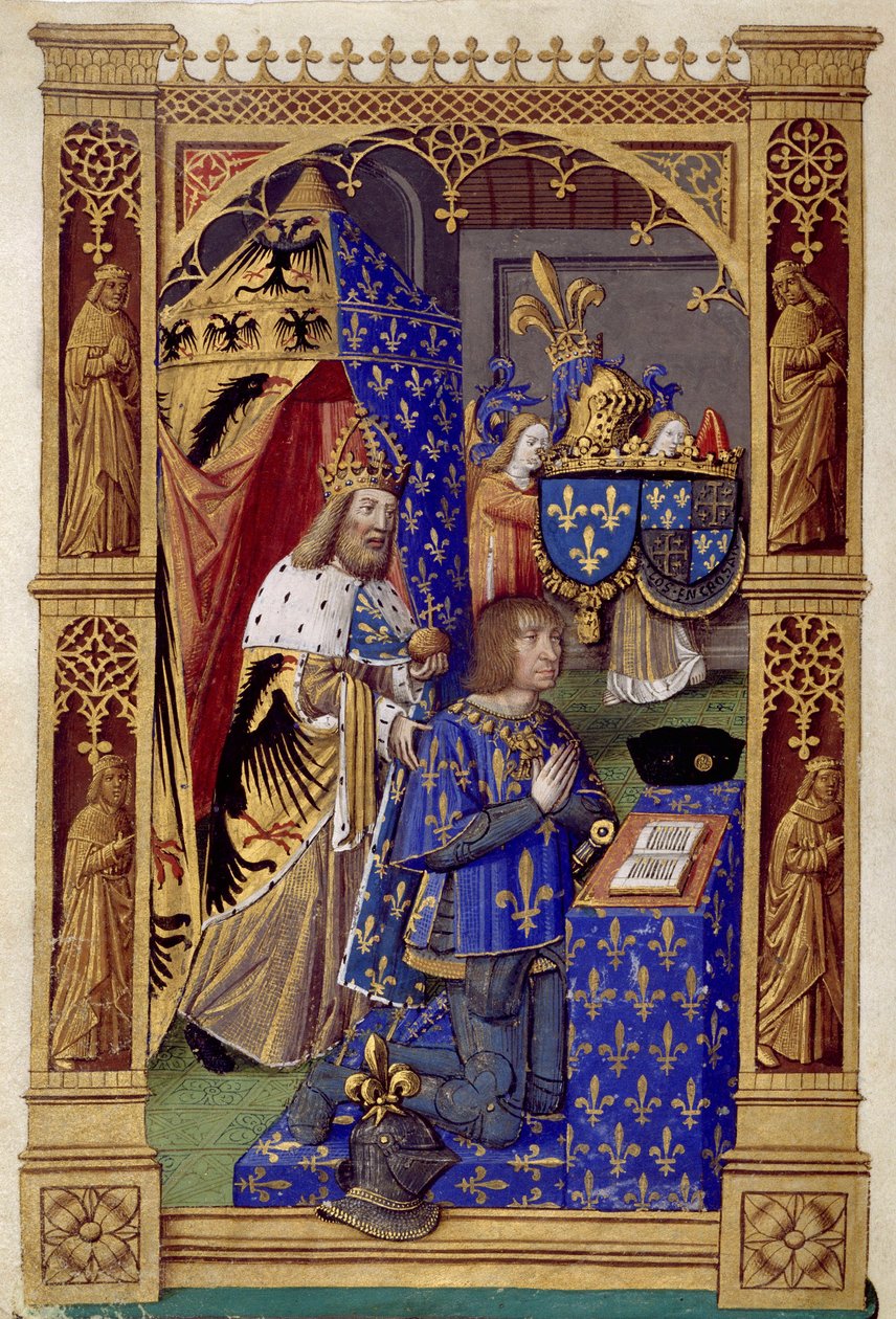 Le roi de France Louis XII en priere avec Charlemagne derriere lui - Antoine Verard