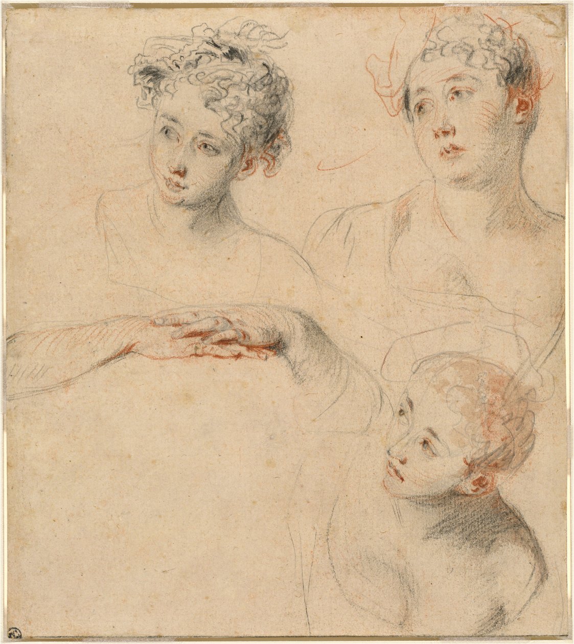 Trois études de tête de femme et une étude de mains [recto] - Antoine Watteau