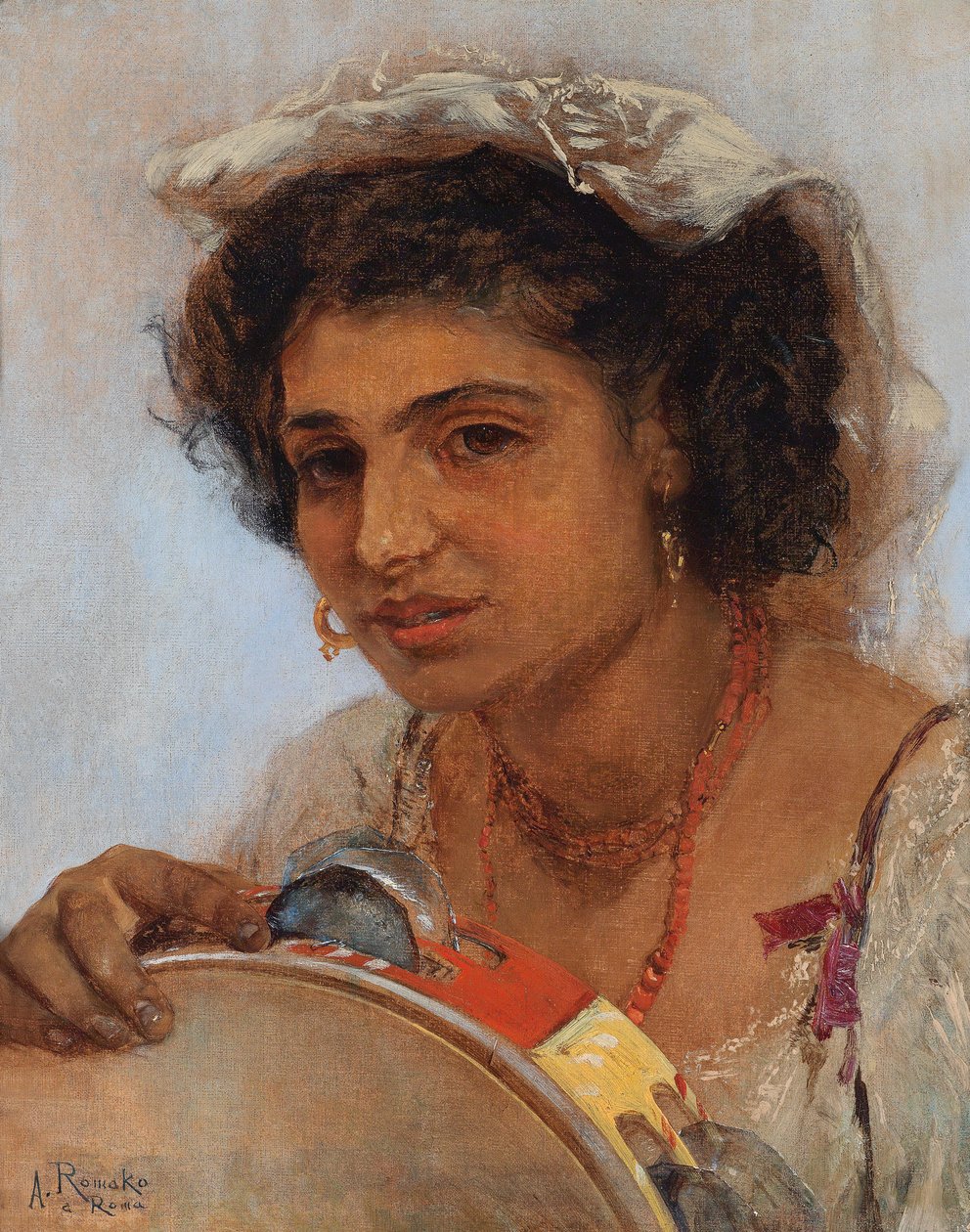 Jeune fille italienne avec foulard et tambourin - Anton Romako