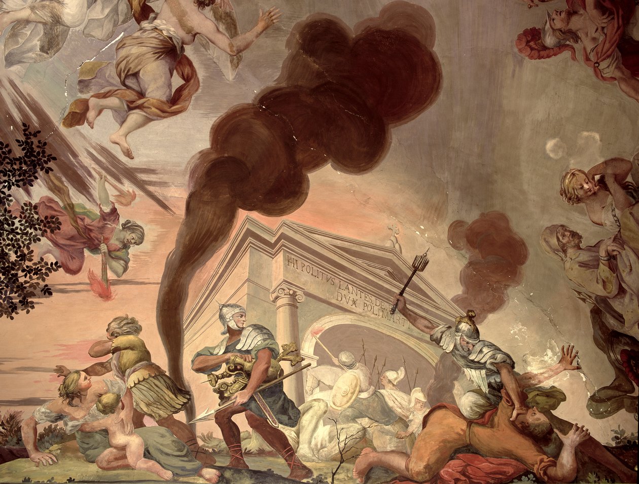 Le Triomphe de la paix sur la guerre, détail des soldats pillant un temple, du plafond de la salle principale - Anton Agelo Bonifazi
