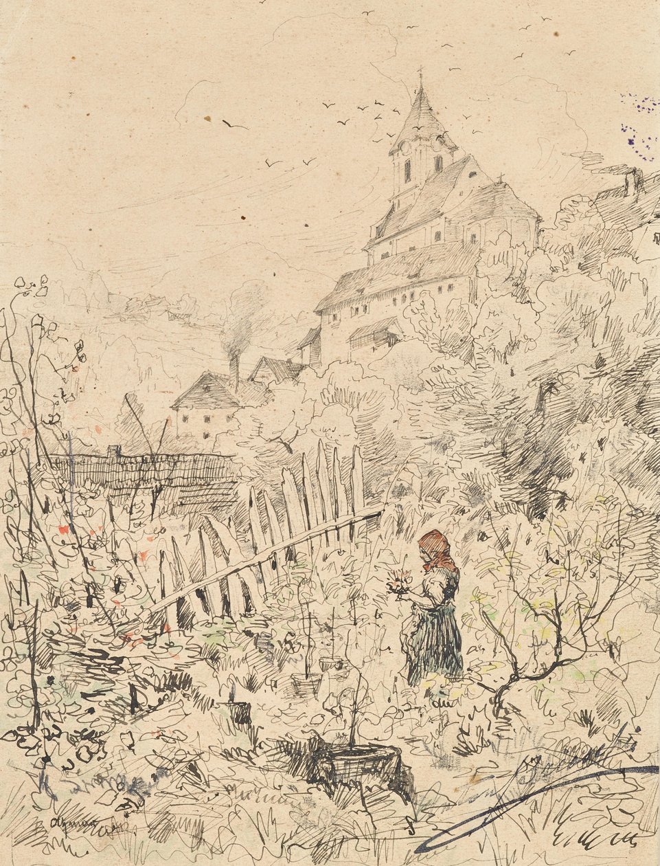 Paysanne dans un jardin, derrière l