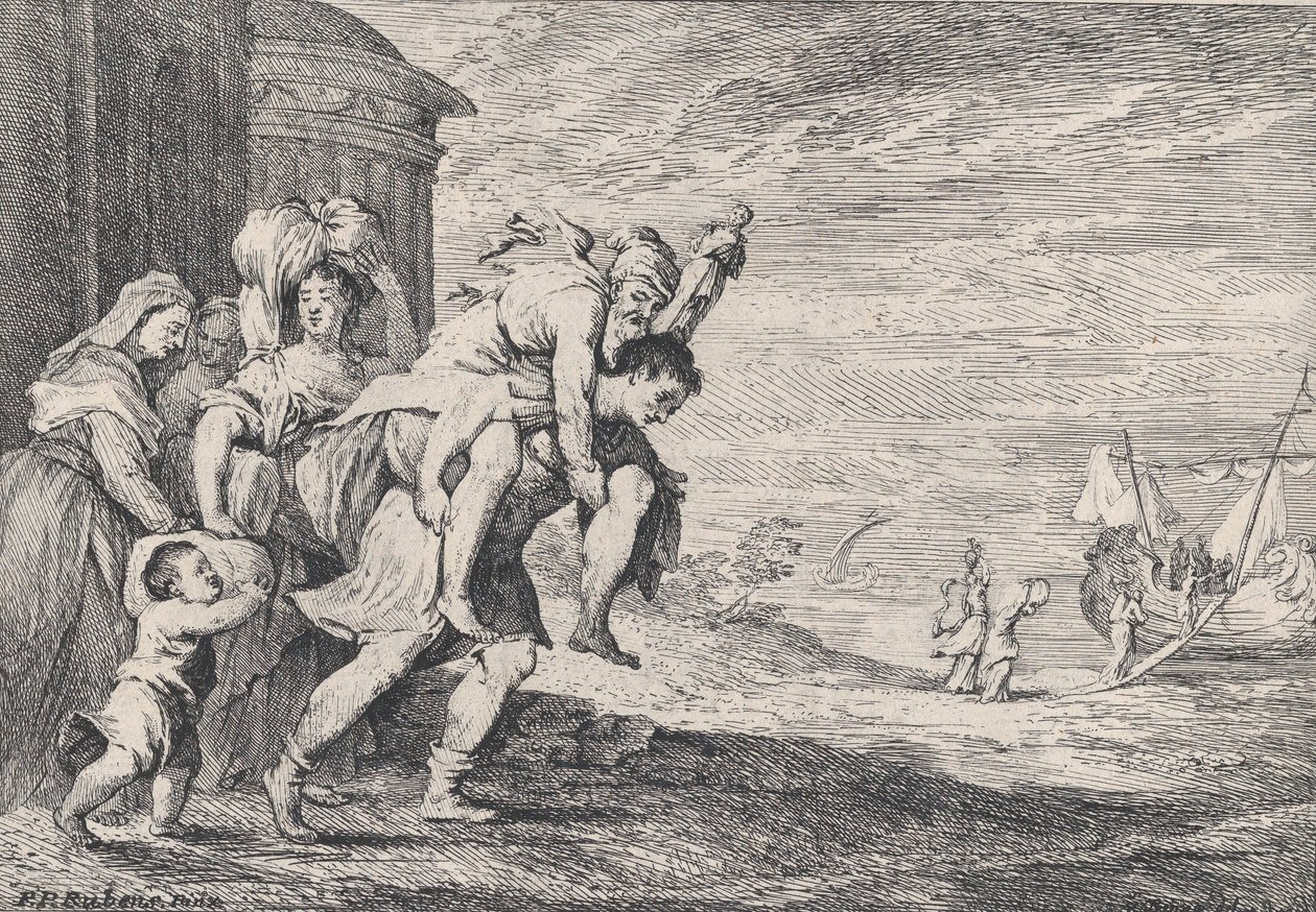 Énée fuyant Troie, avec un groupe de six figures quittant la ville à gauche, Énée portant..., 1728 - Anton Joseph von Prenner