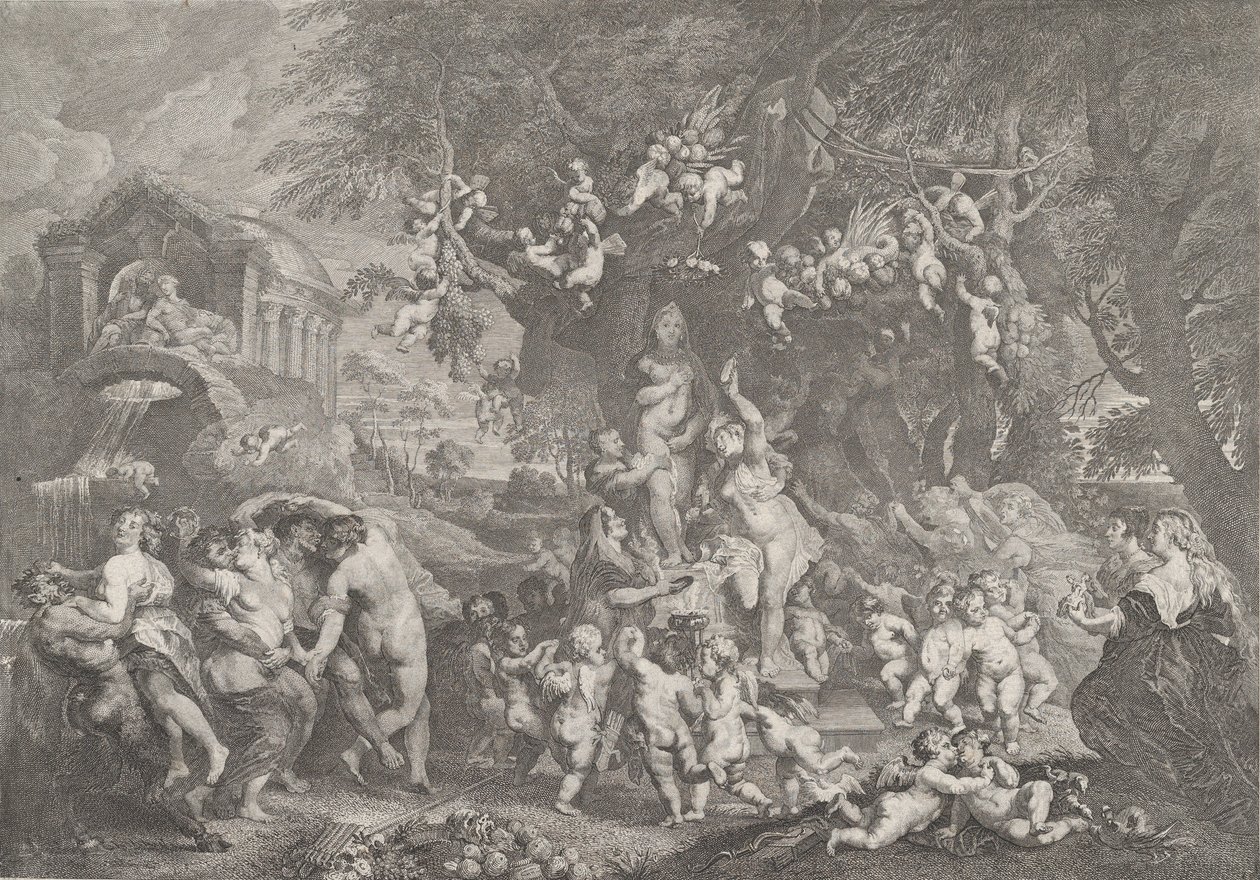 La fête de Vénus, avec des groupes de satyres, de nymphes et de putti dansant autour d