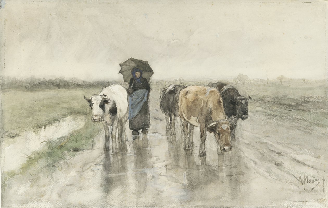 Une bergère avec des vaches sur un chemin de campagne sous la pluie - Anton Mauve