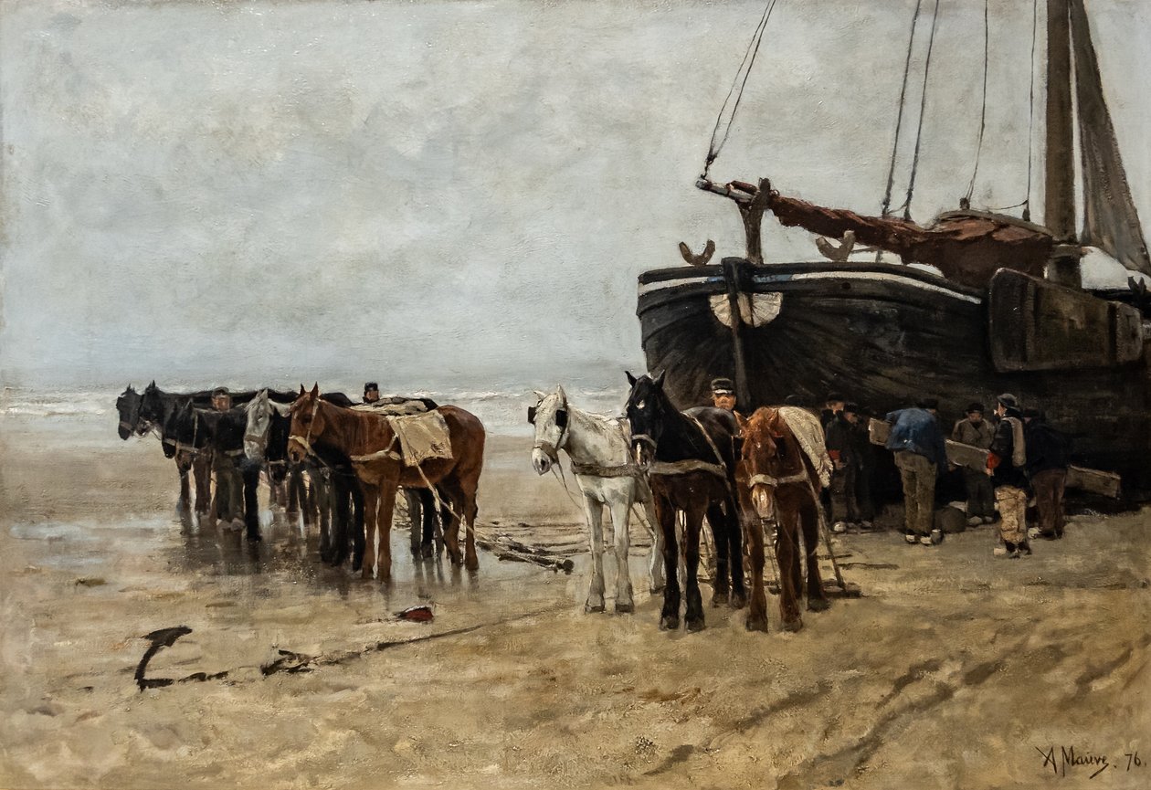 Dutch : Bomschuit avec chevaux de halage sur la plage de Scheveningen Bateau de pêche avec chevaux de halage sur la plage de Scheveningen - Anton Mauve