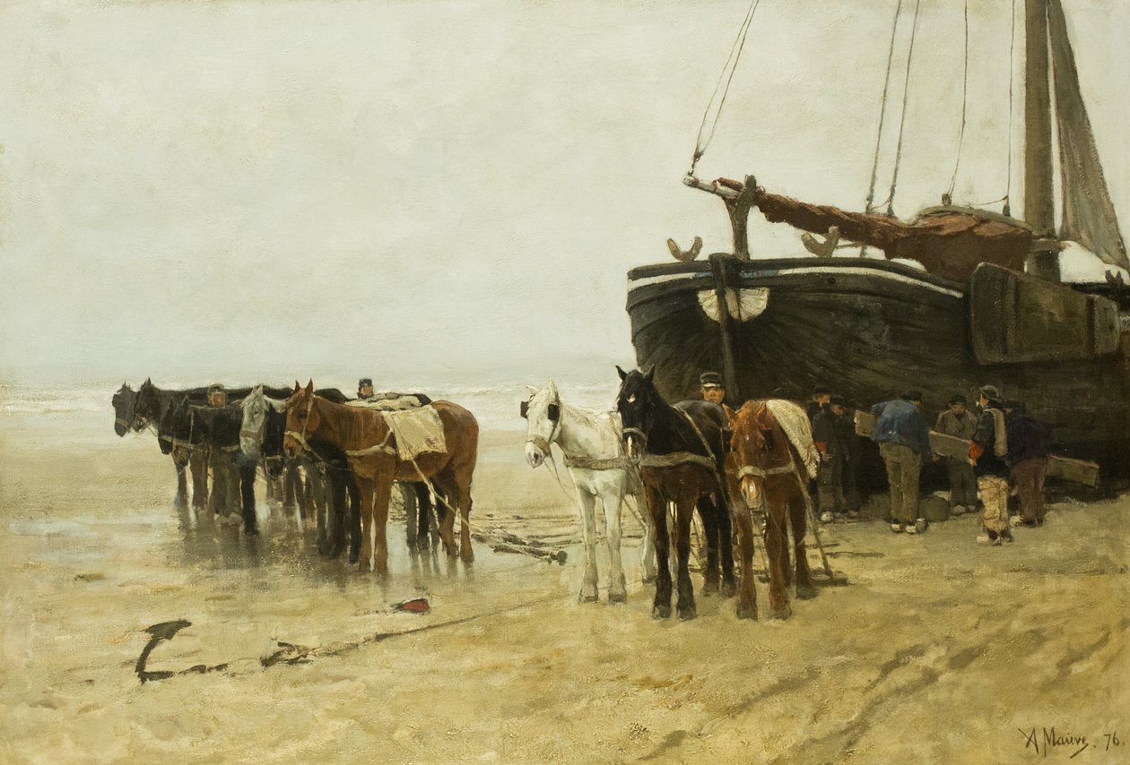 Dutch : Bomschuit avec chevaux de halage sur la plage de Scheveningen Bateau de pêche avec chevaux de halage sur la plage de Scheveningen - Anton Mauve