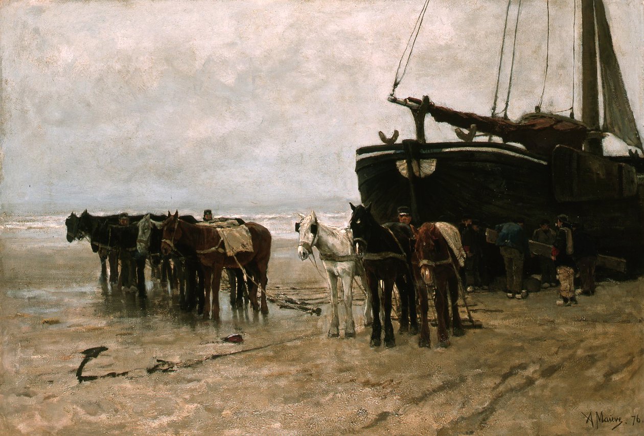 Dutch : Bomschuit avec chevaux de halage sur la plage de Scheveningen Bateau de pêche avec chevaux de halage sur la plage de Scheveningen - Anton Mauve