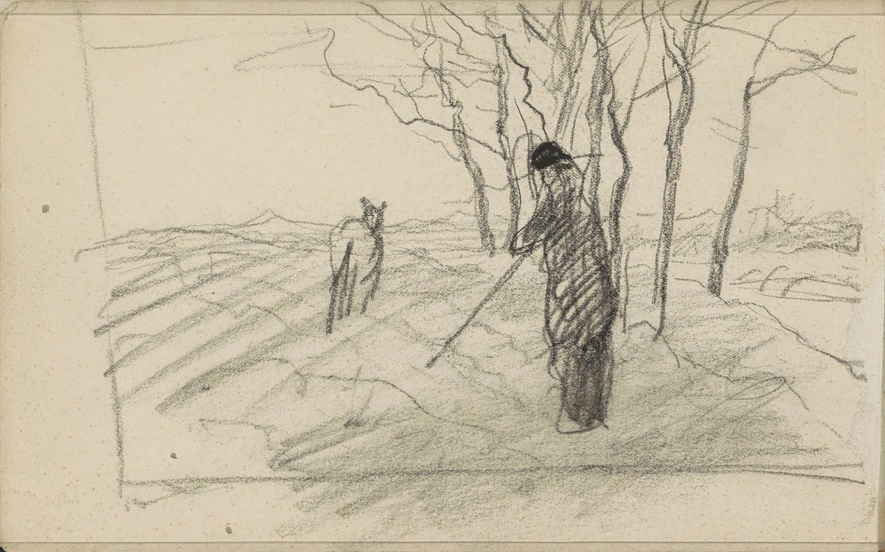 Homme debout avec un bâton et un animal dans un champ labouré - Anton Mauve