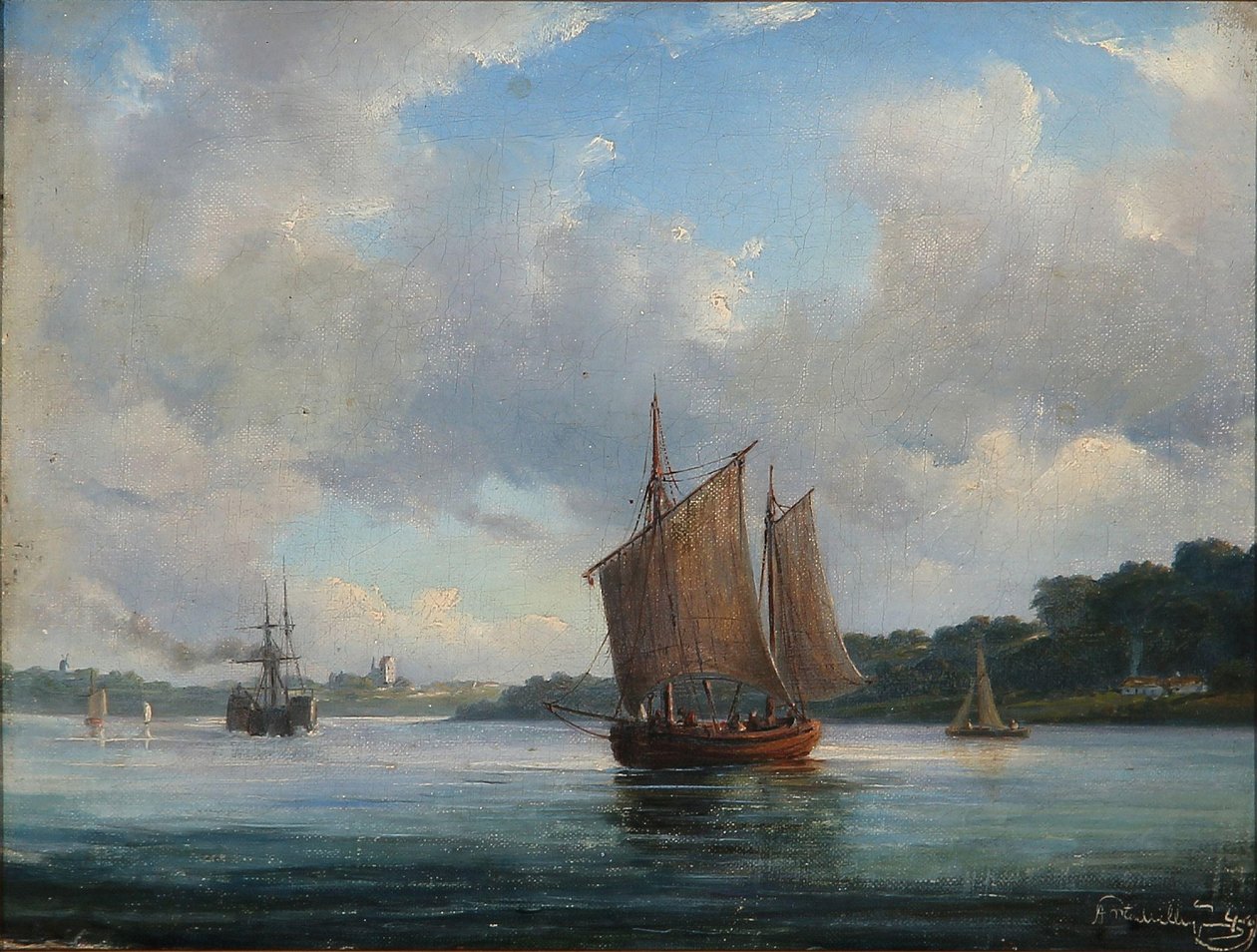 Scène de fjord avec des bateaux de pêche et un bateau à aubes - Anton Melbye