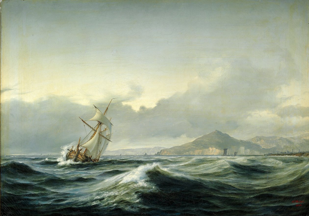 Paysage marin avec un voilier dans une mer agitée. En arrière-plan, une ...