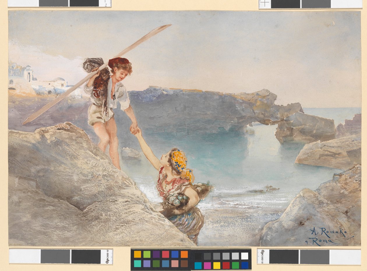 Jeune pêcheur italien et jeune pêcheuse sur la côte rocheuse de Capri - Anton Romako